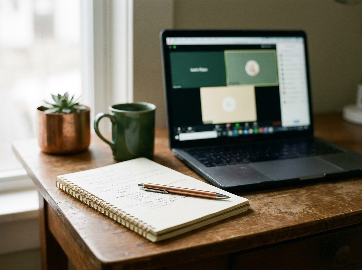A recorded video call open on a laptop beside a notepad
