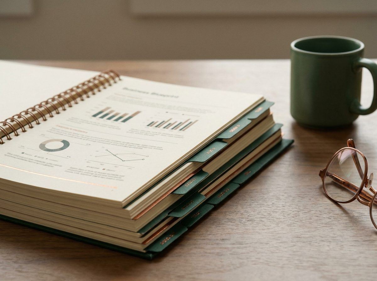 A printed multi-page blueprint document with tabbed sections on a desk