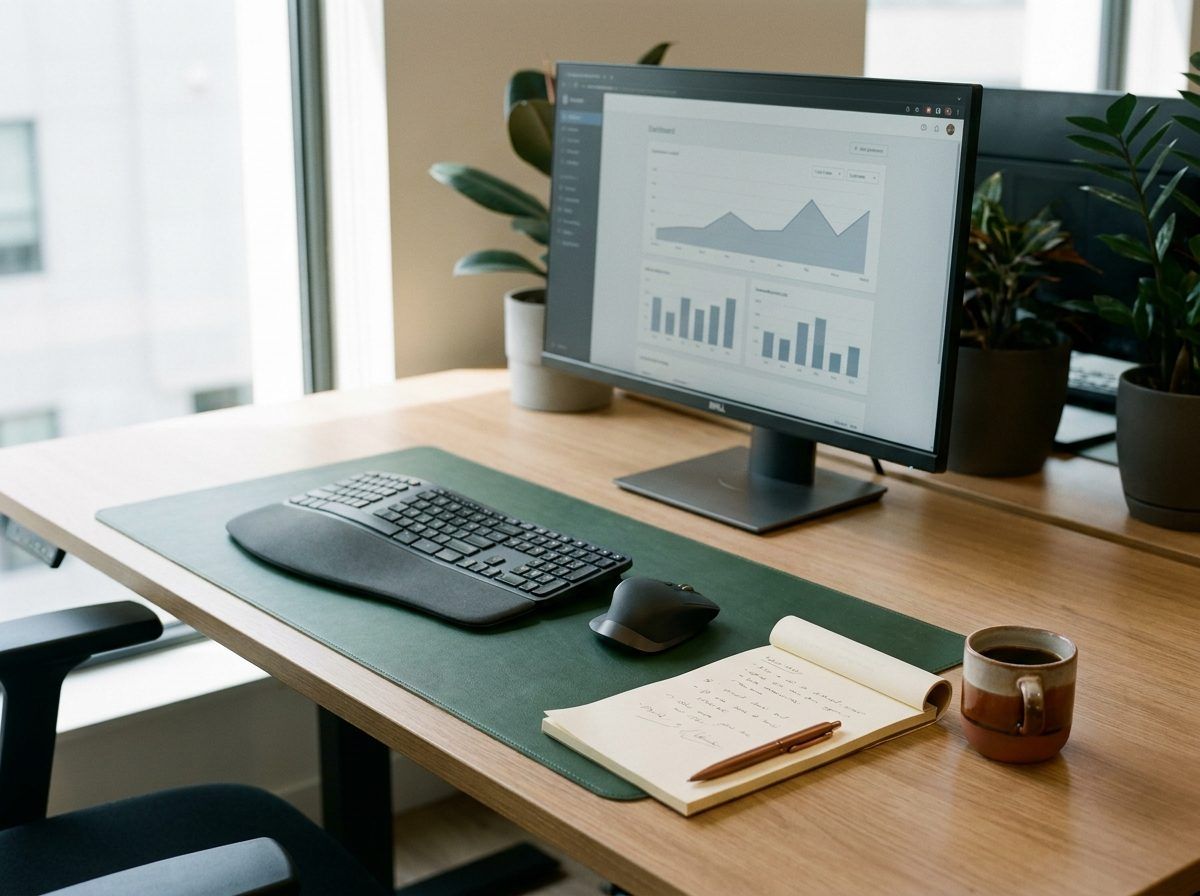 A desk workstation with a monitor showing charts, a keyboard, mouse and a notepad